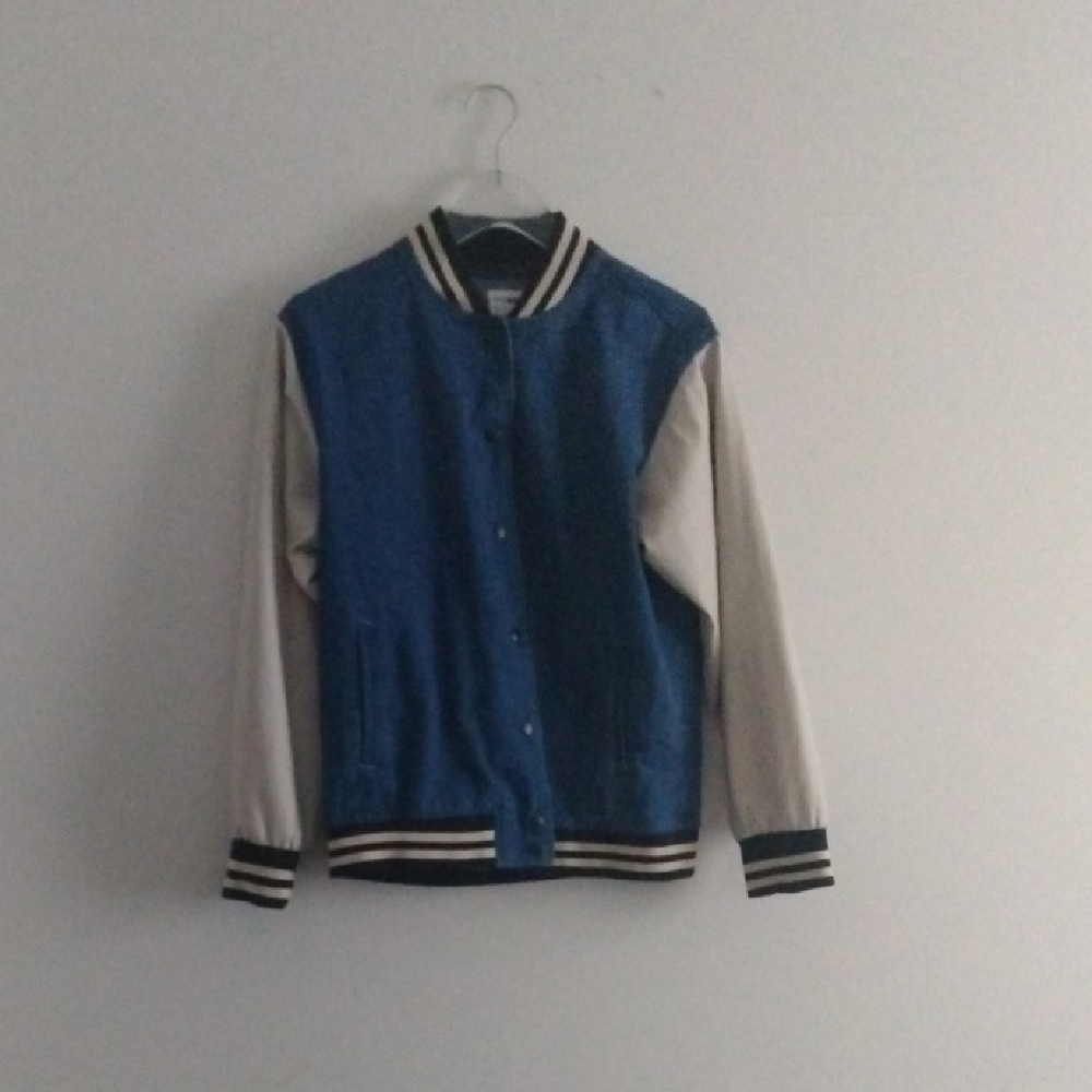 Worn Twice Classic Denim Blue and Beige Varsity Jacket